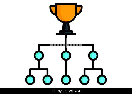 Structure icon. colored outline style. depicting an organizational hierarchy chart with circular nodes, topped by achievement trophy cup Stock Vector
