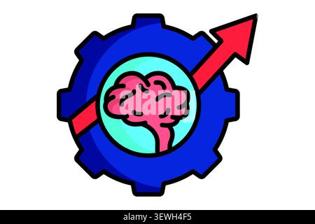 Skill development icon. colored outline style. of a human brain inside a gear, with arrow cutting upward through the center to show progress Stock Vector