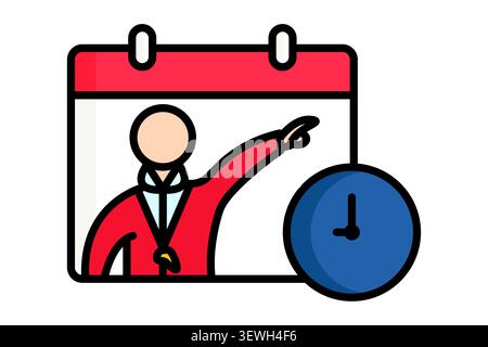 Schedule icon. colored outline style. showing a coach pointing forward inside a calendar, paired with clock icon in the foreground. Stock Vector