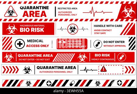 Quarantine warning banner set with biohazard signs, medical safety labels, restricted area tape and hazardous material templates vector Stock Vector