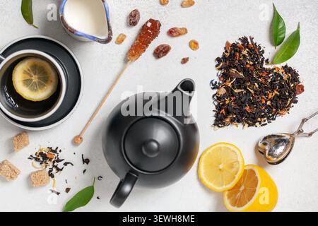 Tea composition on light grey background. Flat lay. Top view. Banner Stock Photo
