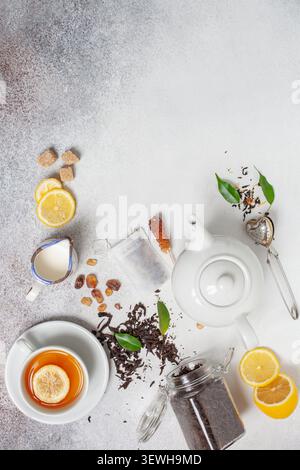 Tea composition on light grey background. Flat lay. Top view. Banner Stock Photo