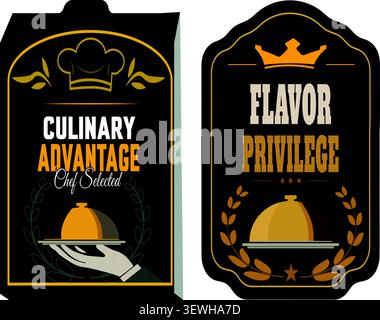 Premium gourmet food promotion labels featuring Flavor Privilege and Culinary Advantage badges for restaurant and culinary branding. Stock Vector