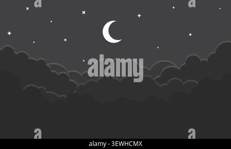 Grayscale Night Cloudscape with Moon and Stars Stock Vector