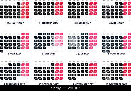 English 2027 Horizontal 4x3 Grid Creative Studio Line Art Calendar Minimal Modernist Annual Layout (Compatible with 2038 and 2049). Stock Vector