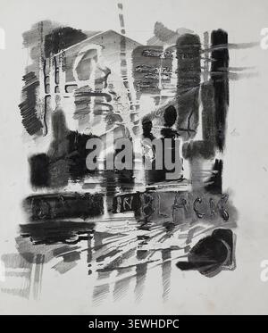 Monochrome expressionist artwork featuring abstract urban architecture, layered textures and bold gestural brushwork. Stock Photo