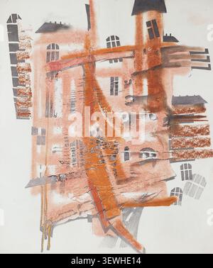 Abstract architectural painting by Roman Matkiewicz featuring warm urban forms, geometric buildings and expressive layered textures. Stock Photo