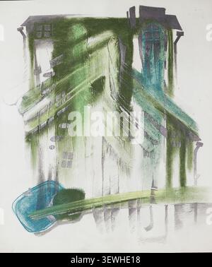 Abstract architectural painting by Roman Matkiewicz featuring green urban forms, expressive brushstrokes and geometric city elements. Stock Photo