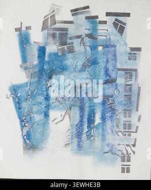 Abstract expressionist painting by Roman Matkiewicz combining architectural forms, a human face and blue textures on a light background. Stock Photo
