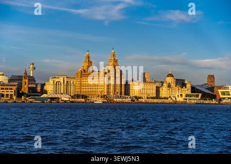 As the evening sun sets, a warm golden glow envelops the Royal Liver building and Liverpool's scenic waterfront, casting reflections on the tranquil r Stock Photo