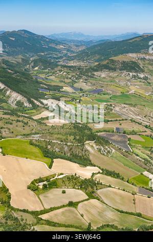 Aerial view of a vast lavender field with neat rows of purple flowers ...