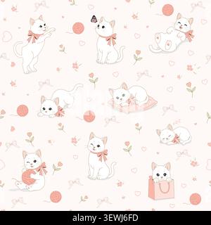 Cute white cat and yarn ball seamless pattern in cozy pastel minimal style for fabric textile Stock Vector