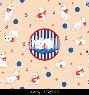 Cute white cat seamless pattern in vintage retro pop style featuring playful kittens with yarn balls, nautical stripes, stars, and flowers on a warm b Stock Vector