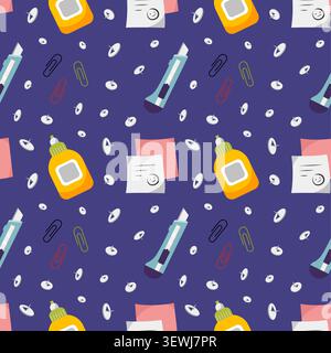 Office supplies seamless pattern. Office paper clip, paper cutter knife, stickers. School supplies. Stationery fabric design. Vector texture. Stock Vector