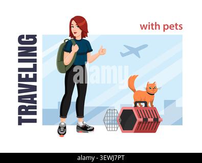 A female tourist with a backpack shows a thumbs up with cat in carrier. Vector Traveling with pets concept flyer, banner, promo, advertising, leaflet. Stock Vector