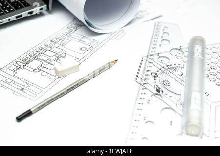 Technical engineering drawing workspace with rulers and pencil Stock Photo