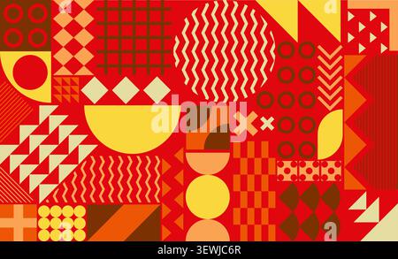 Red abstract seamless geometric pattern. Bright vector background set in modern Bauhaus style for creative textile, fabric print, and wrapping paper Stock Vector