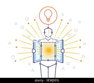 Artificial Intelligence Learning Concept with Robot Reading Book and Idea Lightbulb Stock Vector