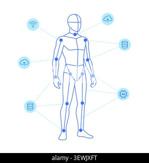 Human body skeleton with digital technology icons, biometric data tracking, motion capture, and artificial intelligence concept Stock Vector