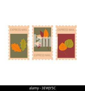 Three autumn postage stamps with fall leaves vector illustration flat Stock Vector