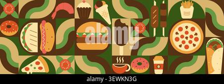 Geometric Fast Food Seamless Pattern Background. illustration of burger, taco, donut, ice cream, pizza, hot dog, French fries icons. Vector Stock Vector