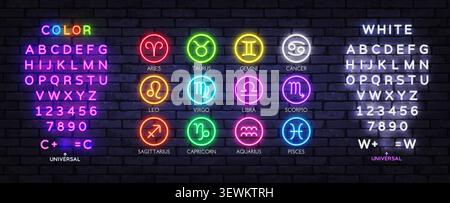 Colorful zodiac neon icons in circle frames with editable typography set. Bright astrology pack for horoscope template, celestial artwork and Stock Vector