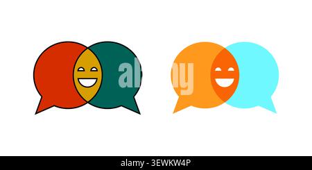 Speech bubbles Venn diagram with smiling face intersection. Symbolizes positive communication, agreement, and shared customer satisfaction. Stock Vector