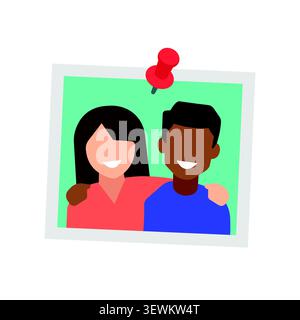 Flat vector icon of a photo pinned with a red tack, showing a happy diverse couple smiling and hugging. Stock Vector