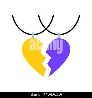 Minimalist vector illustration of yellow and purple heart halves on black necklaces, representing friendship or loss. Isolated on white background. Stock Vector