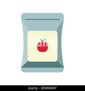 Vector illustration of silver stand-up pouch with red apple icon on white label. Minimalist flat design for snack or food packaging concept. Stock Vector