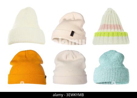 Different knitted hats isolated on white, set Stock Photo