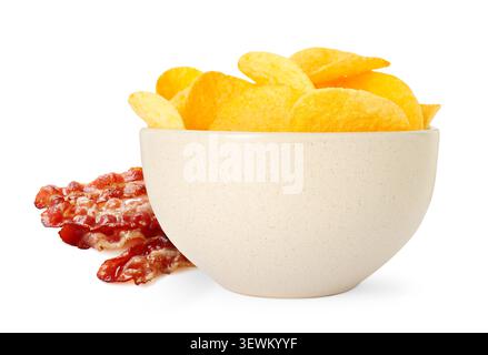 Yummy potato chips and crunchy bacon strips on white background. Flavored crisps Stock Photo