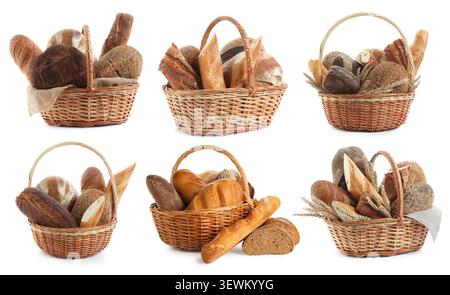 Bread in wicker baskets isolated on white, set Stock Photo