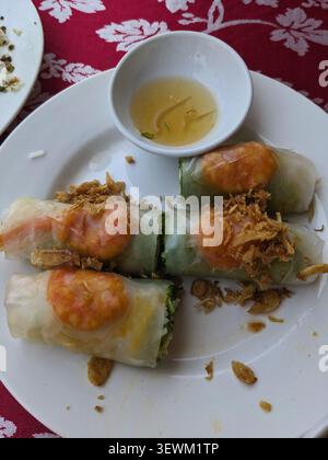 Goi Cuon, a popular Vietnamese appetizer, features fresh ingredients wrapped in rice paper with a dipping sauce Stock Photo
