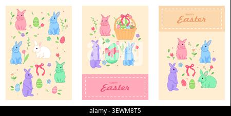 Easter bunnies and eggs cards. Vector illustration Stock Vector