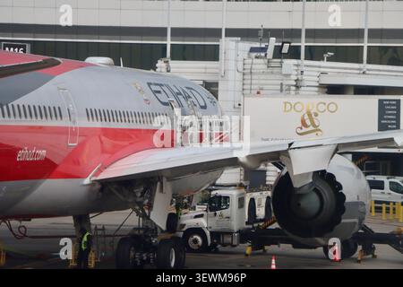 Etihad Airways Boeing 787-9 Dreamliner at gate at ORD, Chicago O'Hare International Airport, June 24 2026. Stock Photo