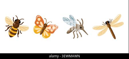 Cartoon bee, butterfly, mosquito and dragonfly set. Vector isolated illustrations on white background.  Stock Vector