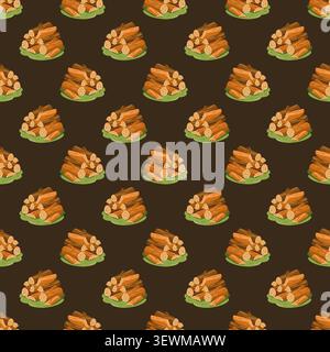 Seamless pattern with stacked firewood logs on dark brown background. Vector rustic woodland background.  Stock Vector