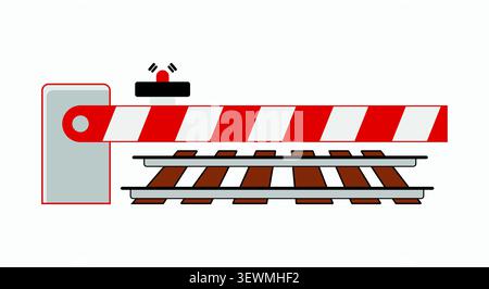 Railroad crossing barrier gate with red warning light crossing railroad Stock Vector