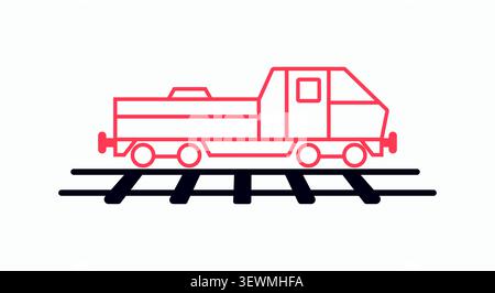 Minimalist vector icon of a red steam locomotive on black railway tracks Stock Vector