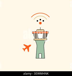 Air traffic control tower icon with airplane and radio signal symbol, airplane Stock Vector