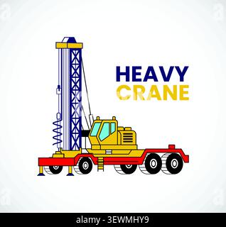 Yellow and red heavy duty mobile crane vector illustration with construction Stock Vector