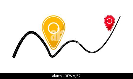 Winding path with two location markers, yellow and red pins, travel path Stock Vector