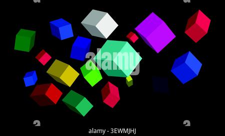 Floating multicolored 3D cubes on dark blue background with abstract art Stock Vector