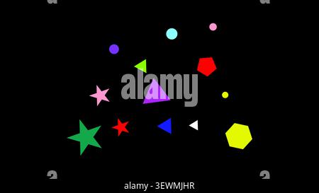 Scattered colorful geometric shapes on black background with party popper Stock Vector