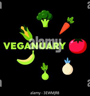 Veganuary concept with assorted fresh vegetables and fruits arranged around text Stock Vector