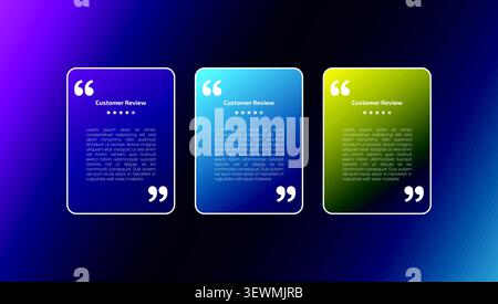 Three different colored testimonial cards on gradient background with feedback Stock Vector