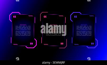 Three futuristic quote boxes with neon borders and digital text on a gradient Stock Vector
