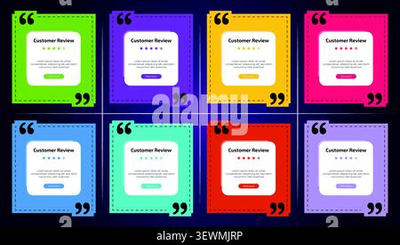 Eight colorful customer review cards arranged in two rows with testimonial Stock Vector
