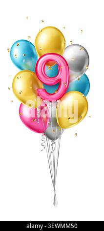 Brightly colored bunch of floating balloons spelling out the number nine on a white background, perfect for birthdays. Stock Vector